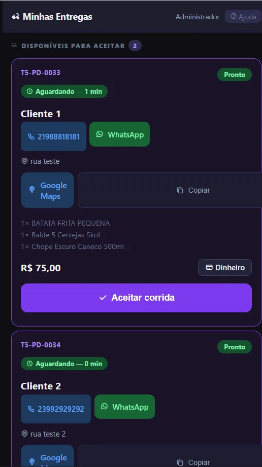 App do entregador mostrando corridas disponíveis com endereço, telefone e itens