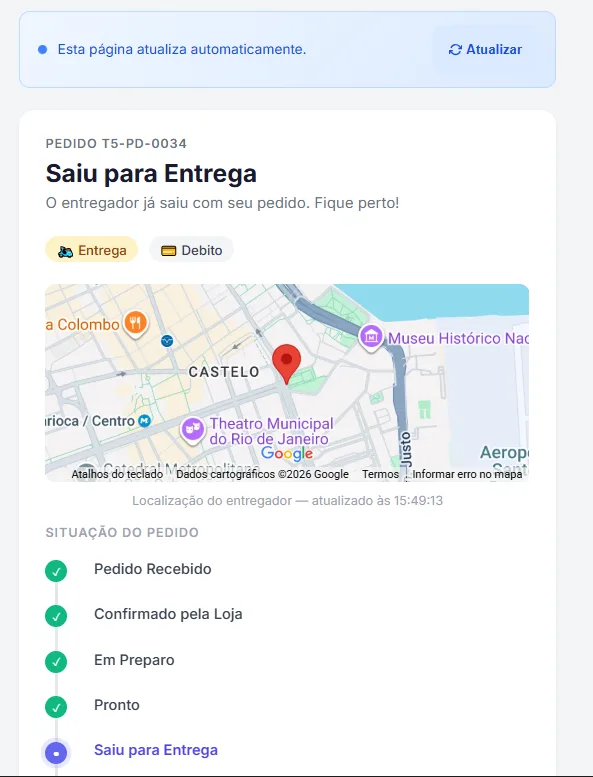 Tela de acompanhamento do pedido com mapa mostrando a localização do entregador