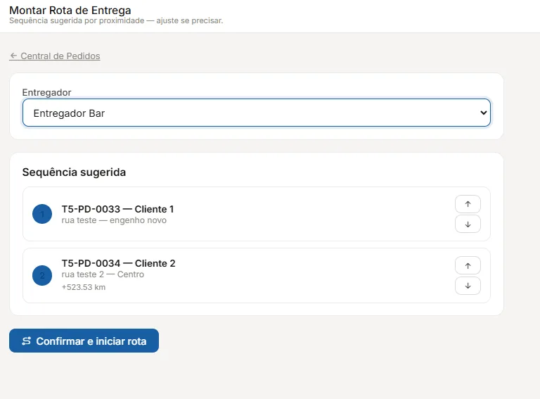 Tela de montagem de rota de entrega com sequência sugerida por proximidade